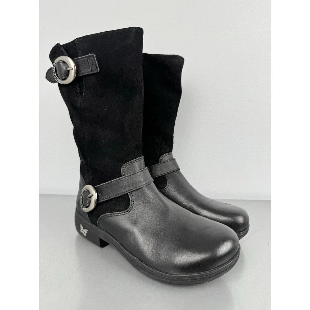 Alegria Boots Womens 8 /‎ 38 Black Suede Leather Buckle Biker Moto Zip Mid Calf